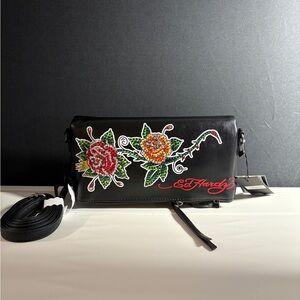 Ed hardy rhinestone rose clutch crossbody bag